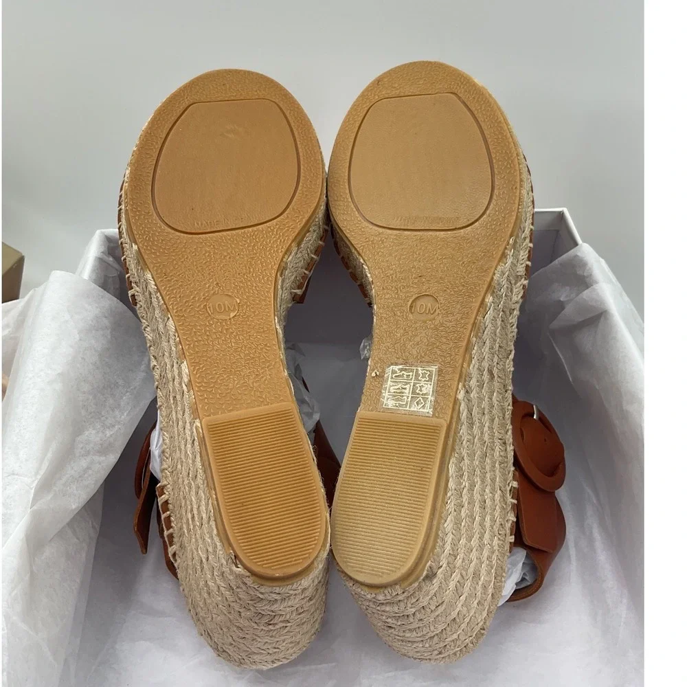 Via‎ Spiga Tan Brown Leather Espadrille Wedge Sandals Platform Buckle Open Toe